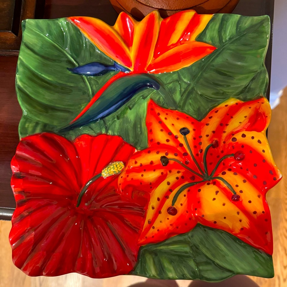 Centrum Plate Aloha Collection Hibiscus Bird of Paradise Hand Painted 10" Square